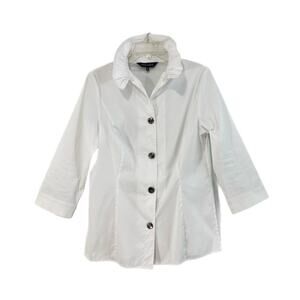 Ming Wang Top Small White Ruffle Poplin Collar 3/4 Sleeves Button Down Lagenlook